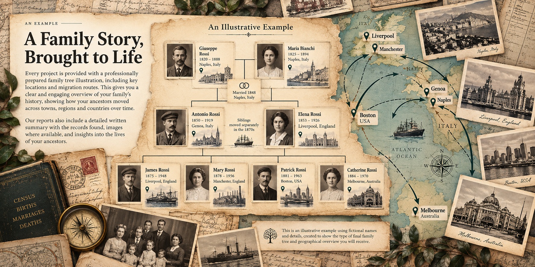 Illustrative Rossi family story with vintage family portraits, genealogy chart and geographical migration map